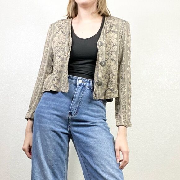 Vintage Beige & Grey Floral Tapestry Cropped Lightweight Blazer Jacket - Picture 2 of 8